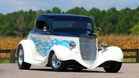 1934-Ford-Coupe-Street-Rod - white, flames, hotrod, ford, classic, blue top