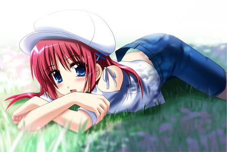 Kotori Shirakawa - blushing, smile, anime girl, kotori, grass, da capo