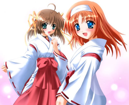 Nemu and Miharu in Cosplay - da capo, miharu, blushing, shrine maiden, smile, anime girl, nemu