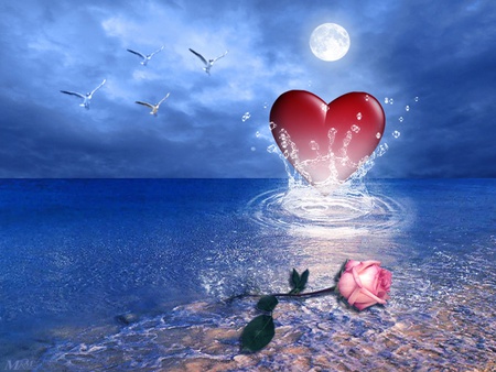 Photoshop Fanasy Dreaming art mrm - moon, sky, ocean, heart, rose