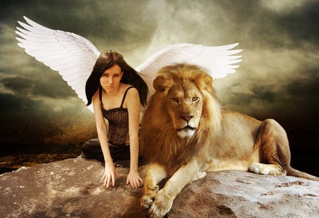 the angel and the lion  - at peace, art work, fantasy