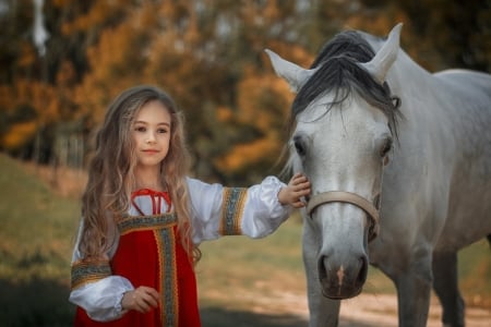 Little girl with her horse - girl, horse, her, with, little