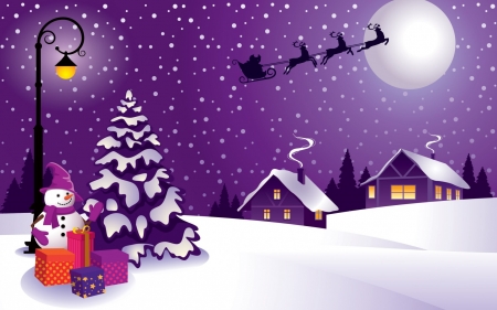 Merry Christmas! - moon, house, snowman, winter, christmas, santa, white, purple, craciun, reindeer, luna