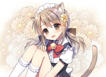 Neko Maid - Flowers, Anime Girl, Blushing, Smile, Brown Hair, Anime, Neko, Tail, Neko Girl, Maid Outfit, Brown Eyes, Maid, Big Eyes