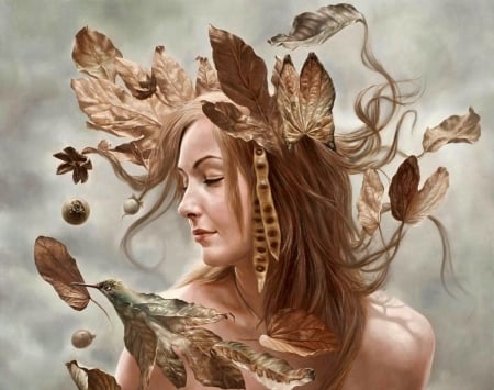 Autumn - bird, girl, fantasy, johnny palacios, surrealism, autumn, pasare, leaf, luminos