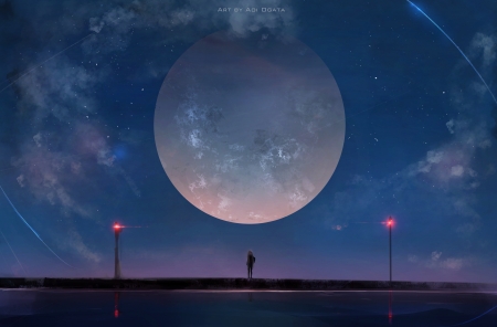 Full moon - pink, anime, girl, night, fuill moon, blue, manga, white, sky, aoi ogata, luminos