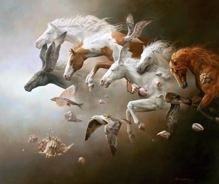 Fantasy horses - summer, horse, bird, seagull, shell, art, wings, johnny palacios hidalgo, fantasy, pictura, pasare, luminos, painting