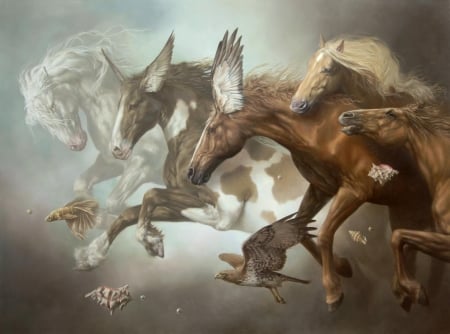 Fantasy horses - summer, horse, shell, wings, brown, johnny palacios hidalgo, fantasy, luminos, cal