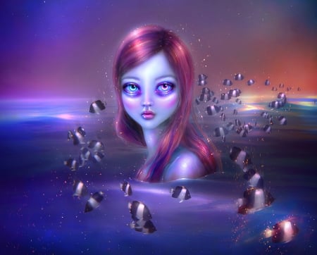 Not quite human - redhead, girl, water, thegirlcansmile, summer, fantasy, blue, luminos, mermaid, pink, fish