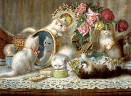 Five senses - cat, pisica, rose, kitten, painting, art, mirror, luminos, pictura, animal, flower