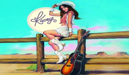 Country Star . . - women, fun, girls, female, guitar, cowgirl, hats, western, digital art, kacey musgraves, style, fence, pinup, country music, boots, outdoors, brunettes, ranch