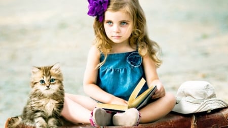 read my book - girl, kitten, child, cat