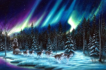 The Perfect Ride - xmas and new year, streams, winter, night, aurora, nature, love four seasons, winter holidays, snow, dogs, paintings