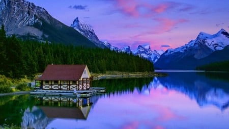 Dusk Over the Lake - cabin, slope, reflection, river, nature, lake, dusk, mountains, cottage, park