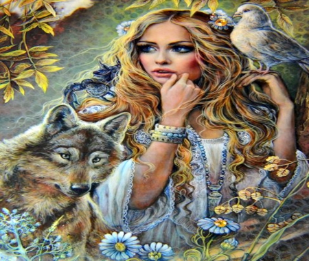 Wolf - Women, Fantasy, Bird, Wolf, Abstract