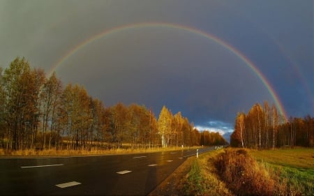 Rainbow ower Latvian Road - latvia, rainbow, road, autumn