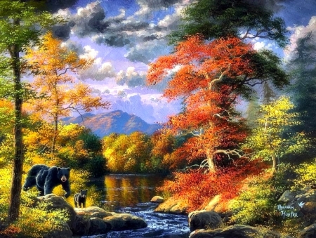 Walk in the Woods - attractions in dreams, autumn, bears, forests, trees, mountains, nature, love four seasons, woods, paintings, rivers, colors, fall season