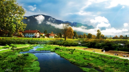 In the country - nature, rural, clouds, water, field, country, naturalmountain