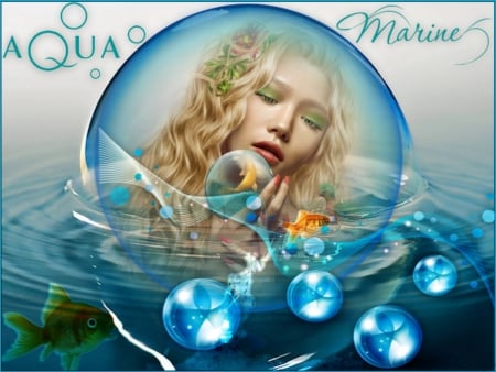 AQUA MARINE - WATER, FEMALE, AQUA, MERMAID, FISH, BUBBLES