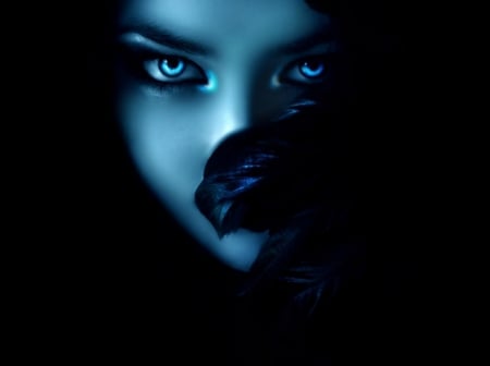 THE WATCHER - FACE, FEATHERS, FEMALE, EYES, BLUE