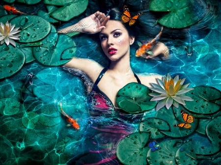 WATER NYMPH - female, mermaid, water, fish, nymph, lily pads, butterflies