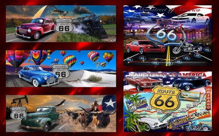Route 66 - balloons, motorbikes, cars, trains, cattle, route 66, planes