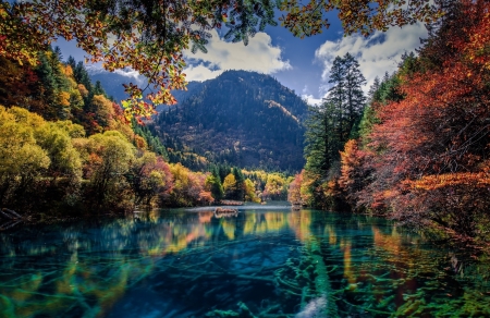 Autumn River and Mountains - clouds, river, trees, nature, autumn, wood, forest, mountains