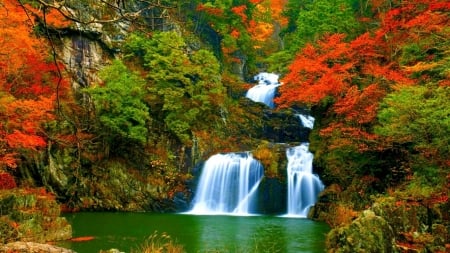 Autumn Waterfall - nature, autumn, lake, trees, forest, waterfall