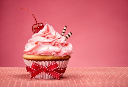 Cupcake - red, pink, sweet, dessert, bow, fruit, cupcake, cherry, food