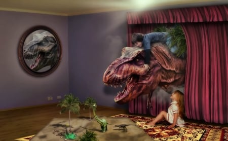 :D - boy, fantasy, dinosaur, girl, room, children, copil, creative