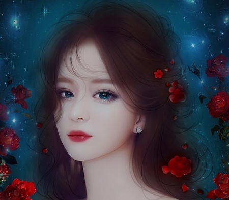 Beauty - face, summer, flower, rose, girl, blue, fantasy, asian, luminos