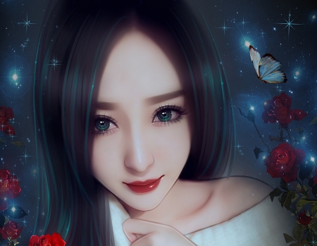 Beauty - summer, blue, girl, flower, fantasy, red, butterfly, rose, face, asian