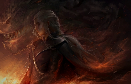 Mother of dragons - game of thrones, lumino, girl, orange, daenerys targaryen, fantasy, fire, mother of dragons, princess, art