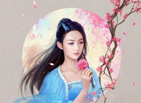 Beauty - flower, rose, pink, spring, sakura, girl, lien nguyen, blue, fantasy, petals, hand, princess, asian, luminos