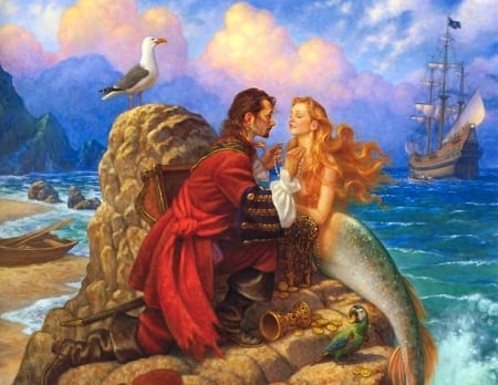 Love - couple, summer, scott gustafson, seagull, fantasy, art, ship, mermaid, luminos, red, sirena, sea