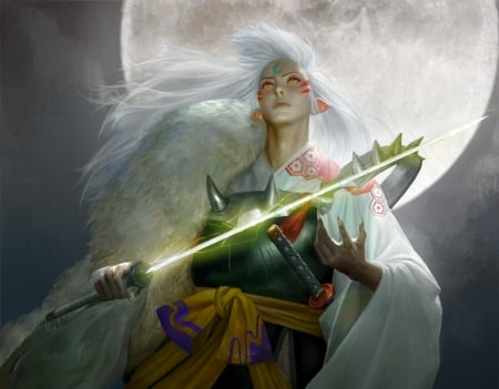 Sesshomaru - moon, sangsoo jeong se, sword, man, sesshomaru, fantasy, white, green, art, luminos, luna