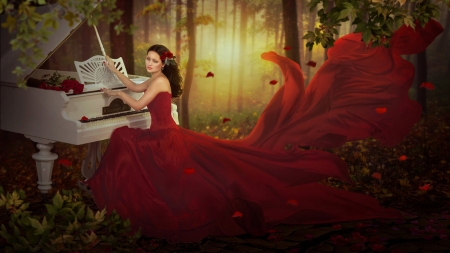 Grand piano - autumn, girl, instrument, fantasy, wind, piano, forest, shiny shadows art, red, luminos, dress