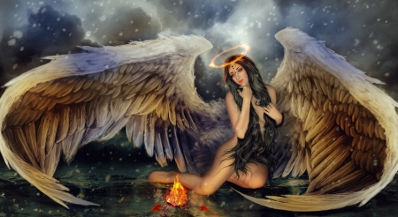 We were all cursed with wings... - fantasy, shiny shadows art, wings, girl, angel, feather, luminos