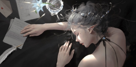 Nap - wlop, girl, elf, frumusete, black, fantasy, hand, luminos, cup