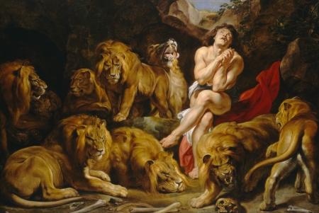 Daniel in the lions den - painting, art, lion, man, leu, animal, pictura, peter paul rubens