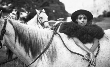 Girl and horse - woman, girl, hat, bw, black, model, white, horse, animal