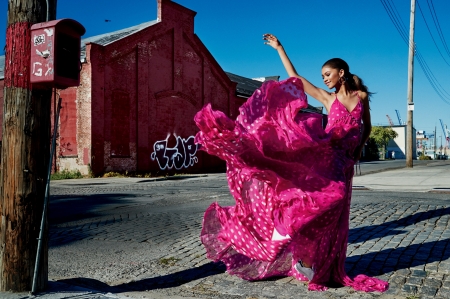 Beauty - woman, girl, pink, blue, mode, wind, dress