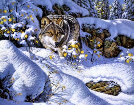 Wolf - winter, lee kromschroeder, wolf, snow, lup, pictura, white, animal, painting, iarna