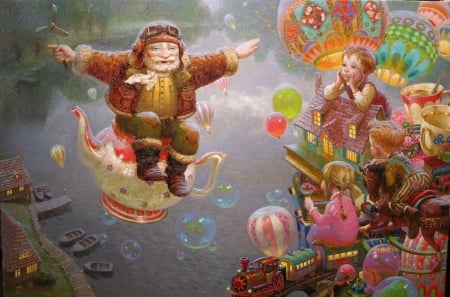 Grandfather's tales - child, copil, pink, childhood, victor nizovtsev, art, fantasy, pictura, luminos, painting, grandfather, teapot, man, green