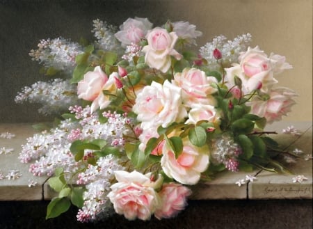 Flowers - flower, rose, pink, lilac, white, pictura, trandafir, luminos, painting