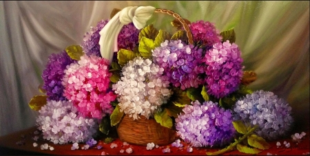 Hydrangeas - pictura, purple, jorge maciel, green, painting, flower, hydrangea, pink