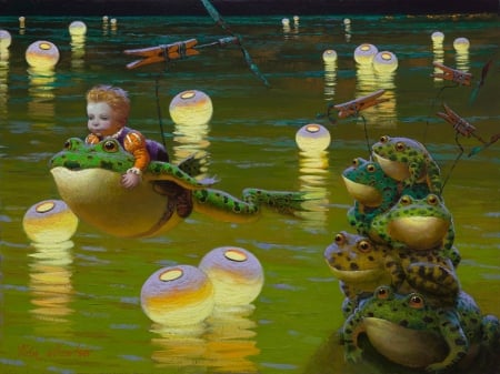 Summer dream - lake, frog, night, water, child, copil, fantasy, painting, art, lantern, boy, luminos, pictura, victor nizovtsev