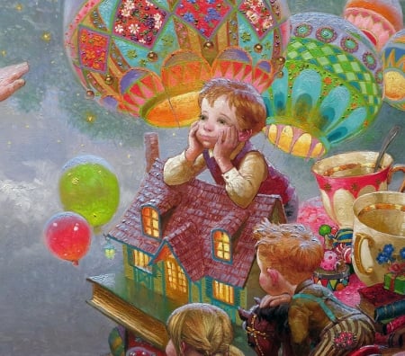 Childhood fantasies - children, pink, copil, pictura, fantasy, victor nizovtsev, green, painting, art, luminos