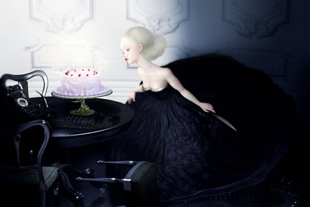 Birthday - girl, birthday, black, surrealsim, fantasy, white, cake, ray caesar, luminos