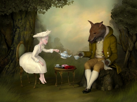 Tea time - wolf, art, lobo, girl, luminos, ray caesar, fantasy